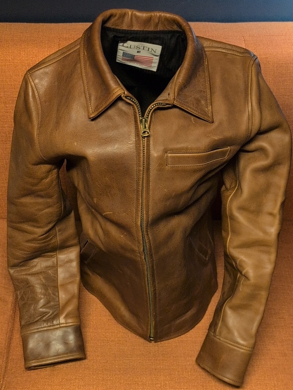 Gustin "The L1" Men's Brown Leather Full Zip Jacket Size XS Regular Fit